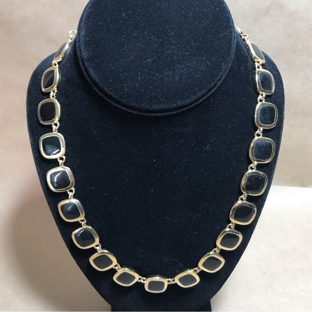 Vintage Gold-tone Black & Ivory Linked Square Block Reversable Necklace Choker